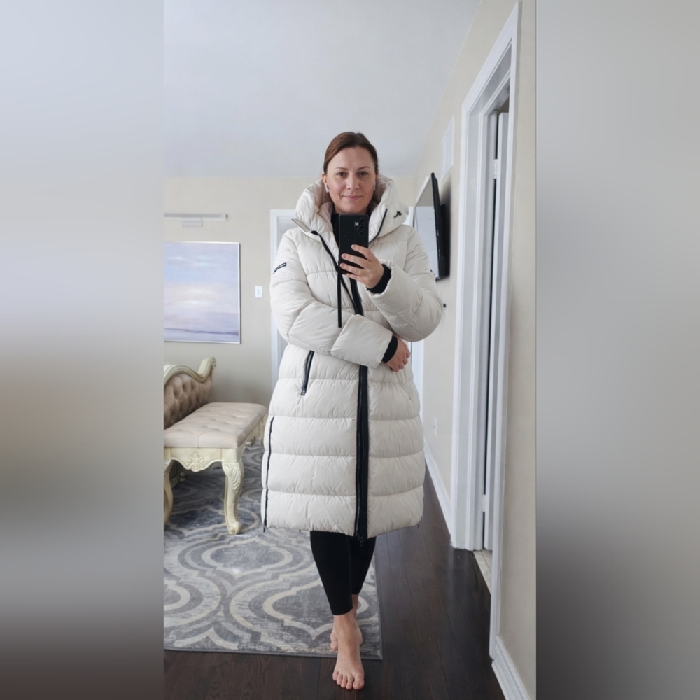 BCBG Generation Off White Black Long Puffer Parka Coat Jacket Size L